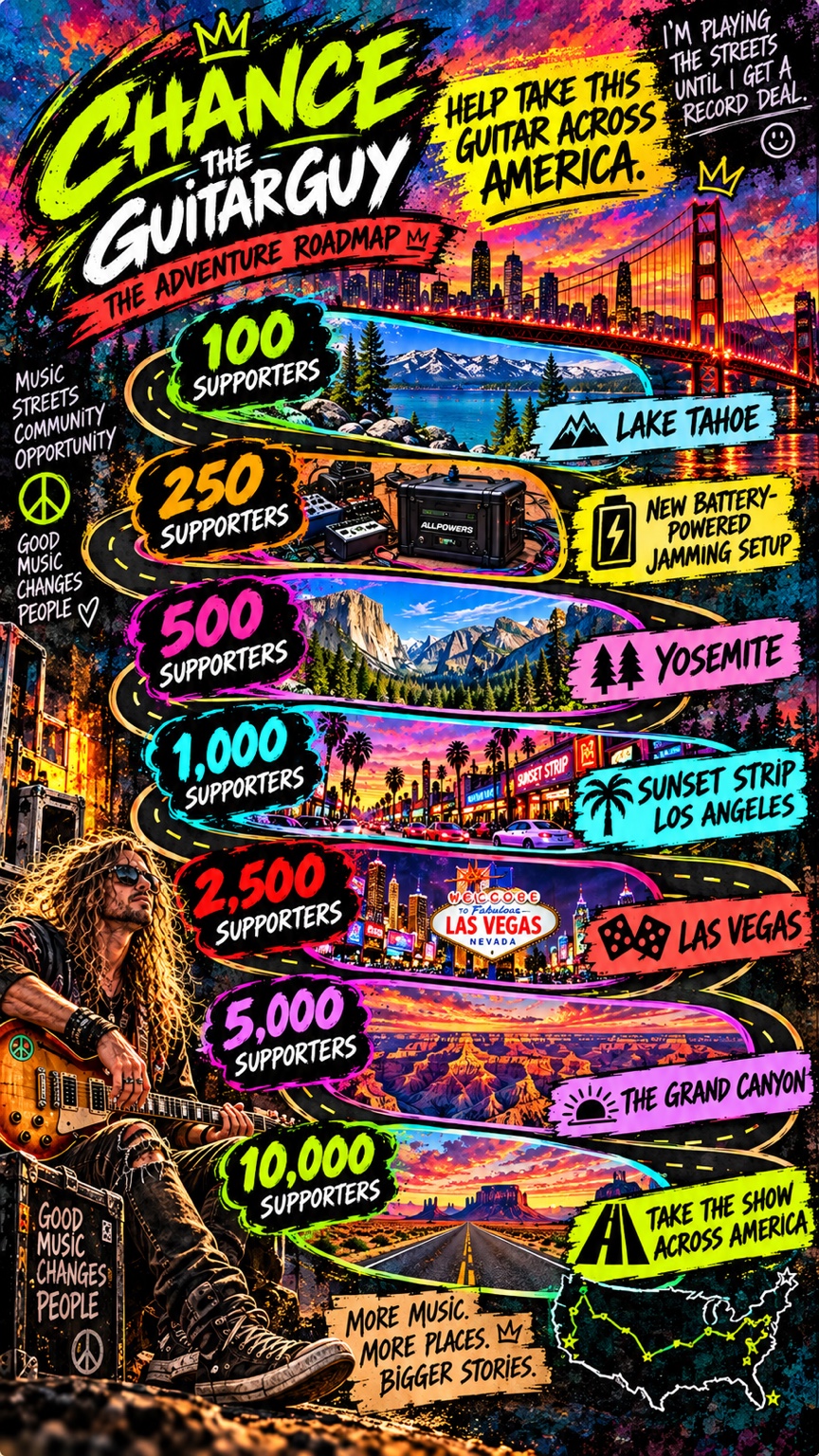 Chance the Guitar Guy Backstage Pass milestone roadmap, beginning with Lake Tahoe at 100 supporters