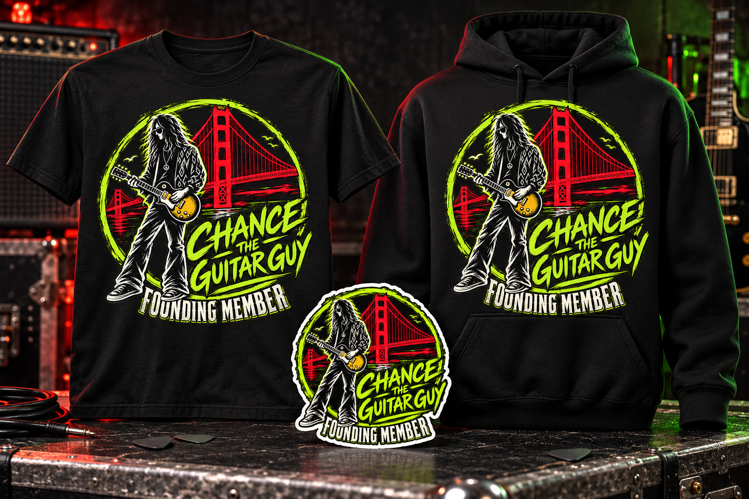 Founding Member black T-shirt, hoodie, and die-cut sticker featuring Chance the Guitar Guy artwork